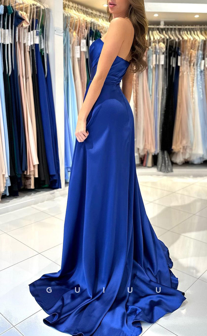 G3051 - Chic & Modern A-Line Satin Strapless Pleats Long Formal Prom Dress With Slit