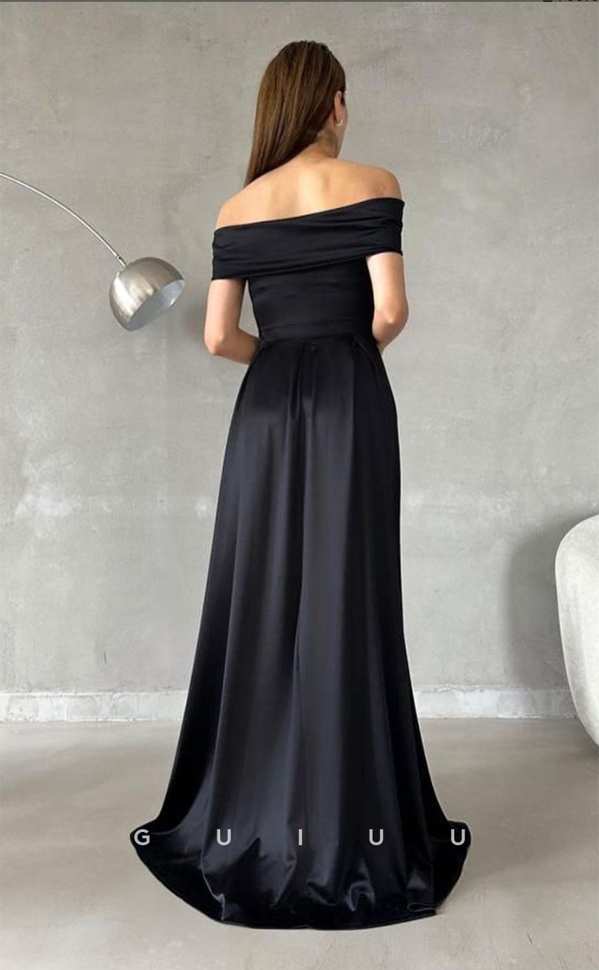 G3055 - Chic & Modern Off-Shoulder Pleats Simple Long Formal Prom Dress