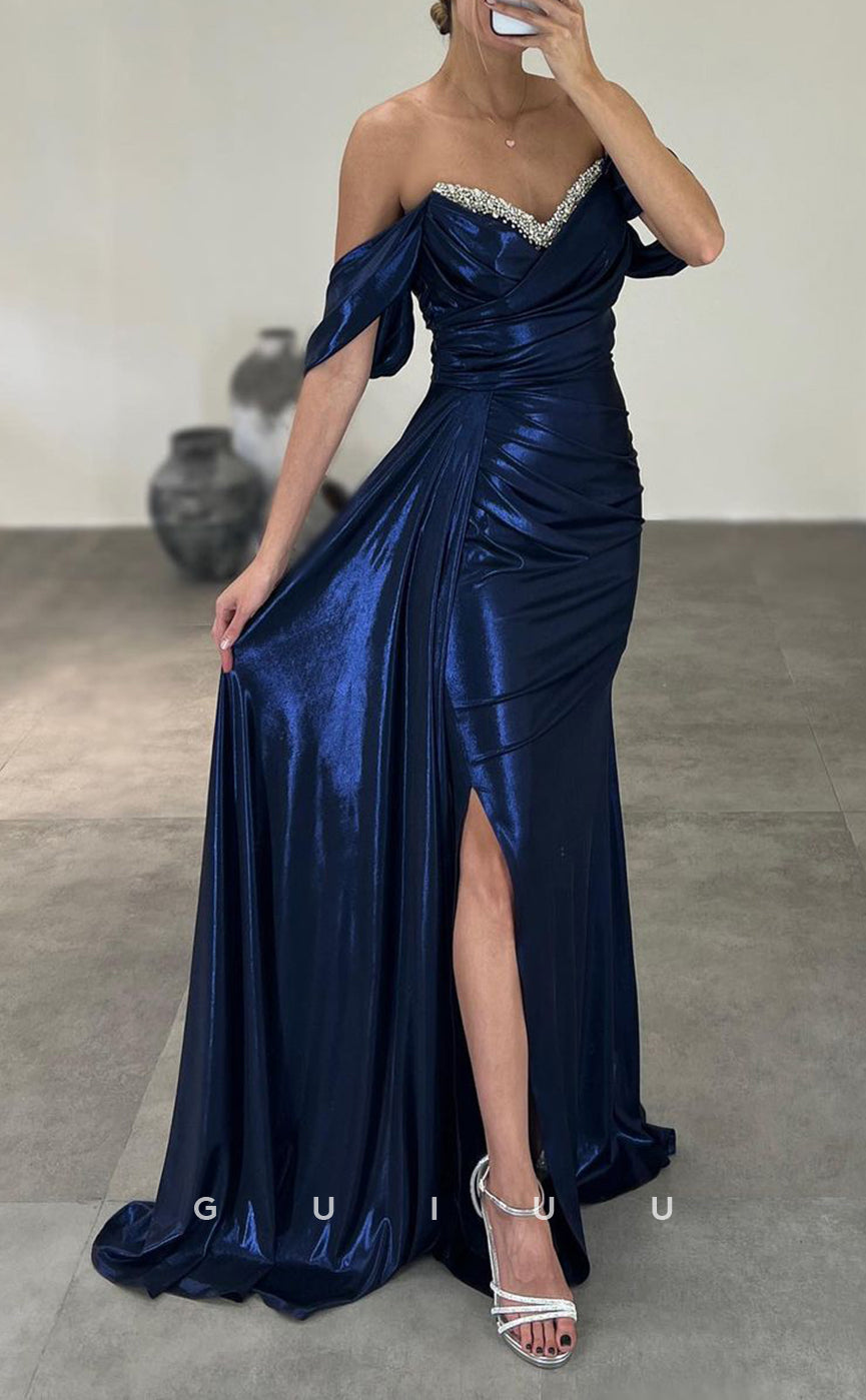 G3057 - Chic & Modern Off-Shoulder Beaded Pleats Long Formal Prom Dress With Slit