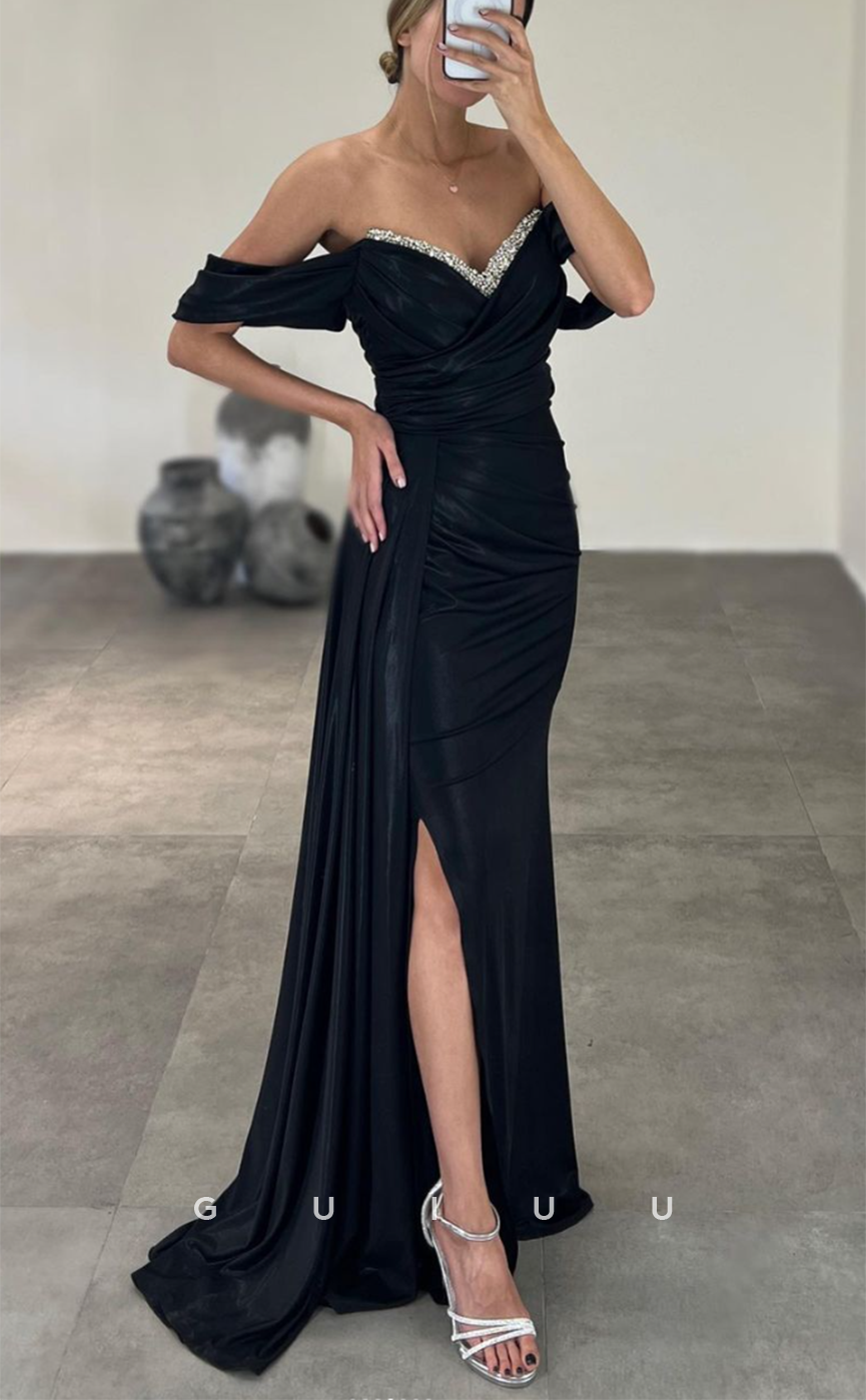 G3057 - Chic & Modern Off-Shoulder Beaded Pleats Long Formal Prom Dres ...