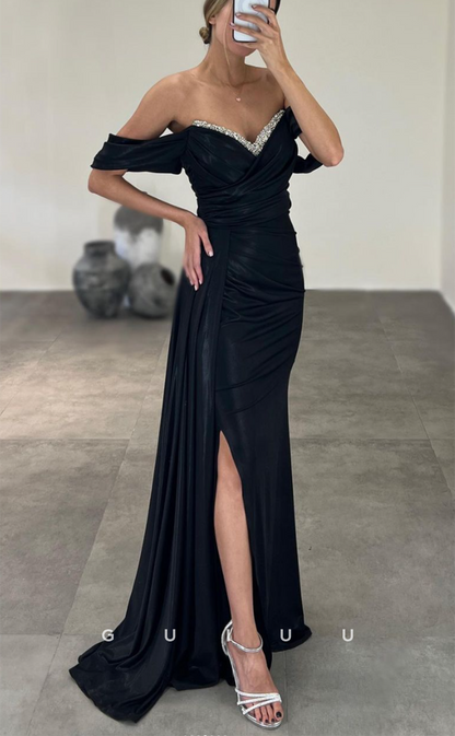 G3057 - Chic & Modern Off-Shoulder Beaded Pleats Long Formal Prom Dress With Slit