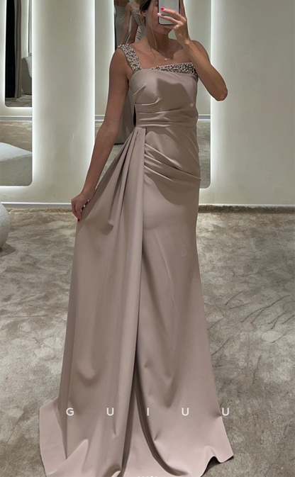 G3058 - Chic & Modern One Shoulder Beaded Pleats Satin Long Formal Prom Dress