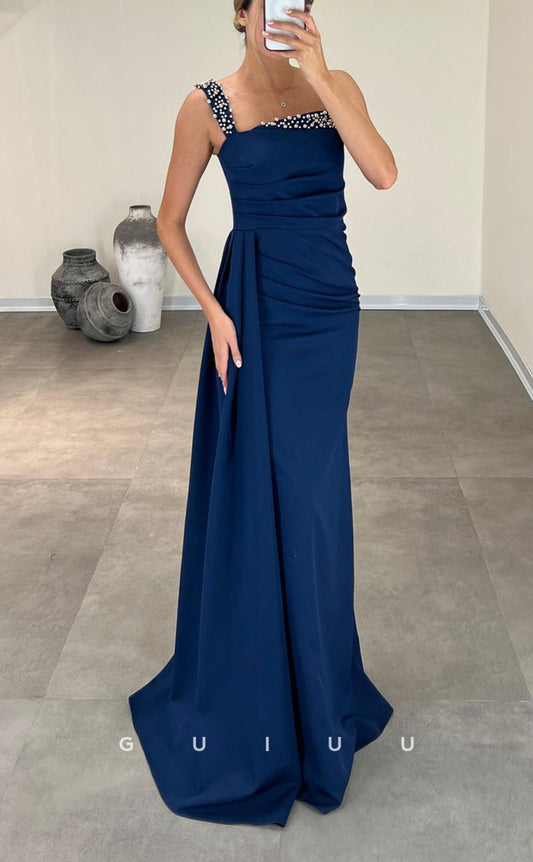 G3058 - Chic & Modern One Shoulder Beaded Pleats Satin Long Formal Prom Dress