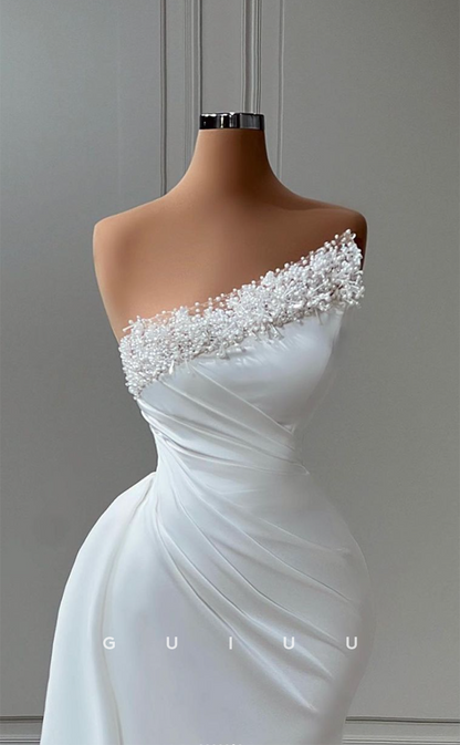 G3062 - Chic & Modern Beaded Strapless Pleats White Long Formal Prom Dress With Train