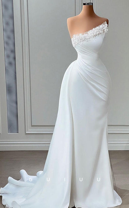 G3062 - Chic & Modern Beaded Strapless Pleats White Long Formal Prom Dress With Train