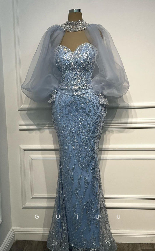 G3066 - Elegant & Luxurious Strapless Beaded Sequins Puff Sleeves Long Formal Prom Dress