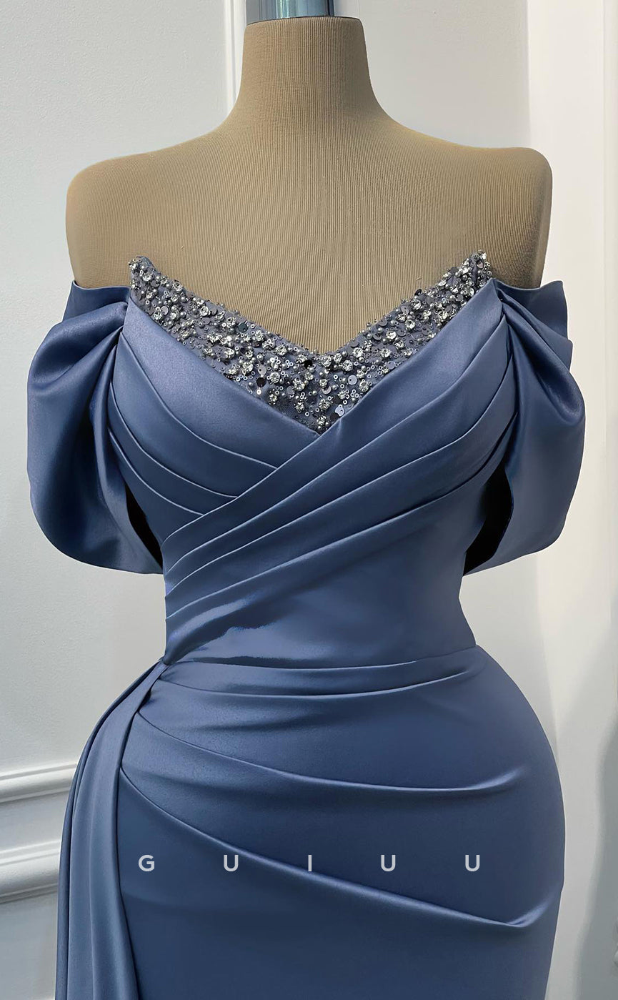 G3068 - Chic & Modern Off-Shoulder Sequins Beaded Pleats Long Formal Prom Dress