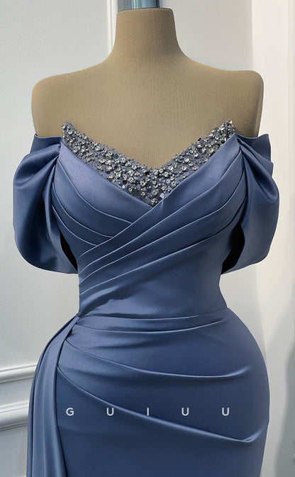 G3068 - Chic & Modern Off-Shoulder Sequins Beaded Pleats Long Formal Prom Dress