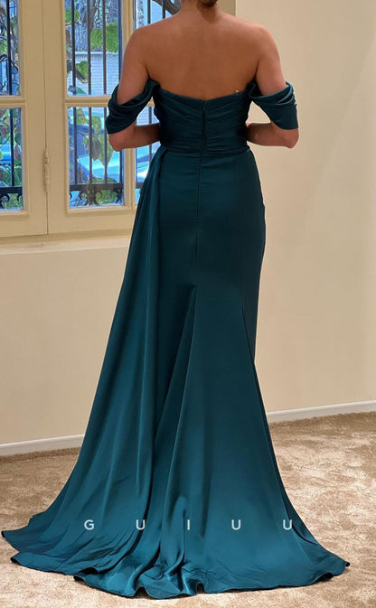 G3070 - Classic & Timeless Beaded Off-Shoulder Pleats Long Formal Prom Dress With Slit