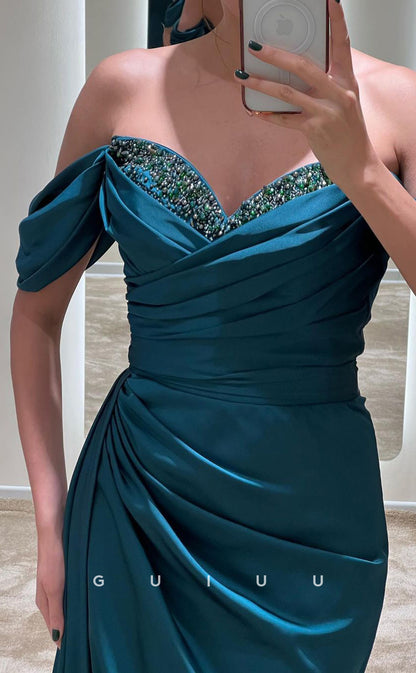 G3070 - Classic & Timeless Beaded Off-Shoulder Pleats Long Formal Prom Dress With Slit