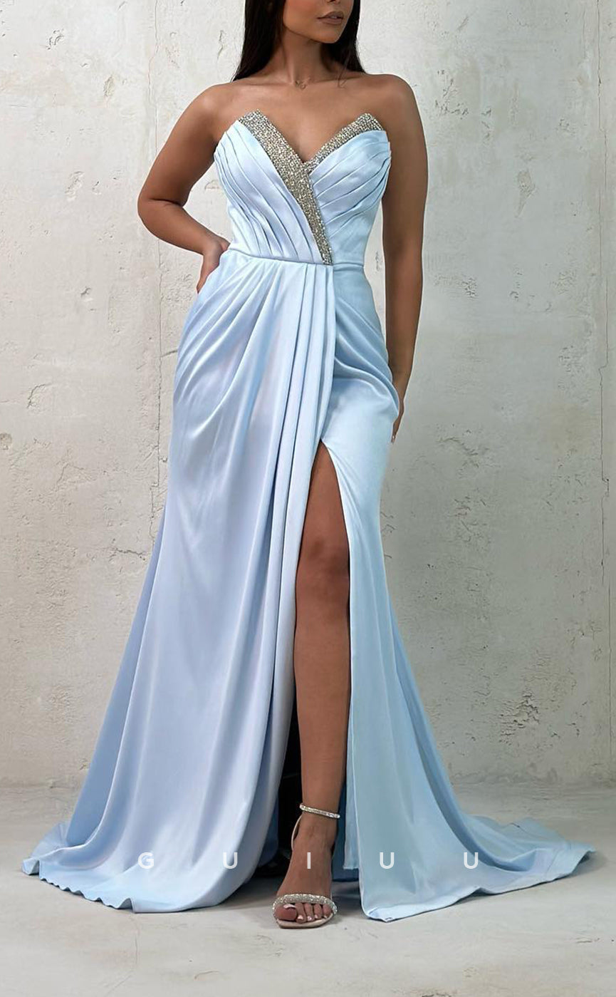 G3071 - Chic & Modern Sweetheart Beaded Pleats Long Formal Prom Dress With Slit