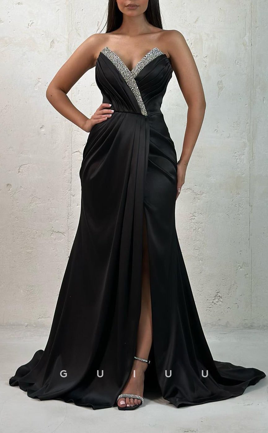 G3071 - Chic & Modern Sweetheart Beaded Pleats Long Formal Prom Dress With Slit