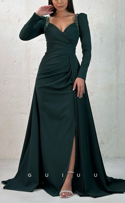 G3072 - Classic & Timeless Sweetheart Beaded Pleats Long Sleeves Formal Prom Dress