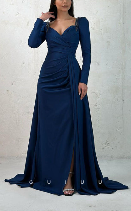 G3072 - Classic & Timeless Sweetheart Beaded Pleats Long Sleeves Formal Prom Dress