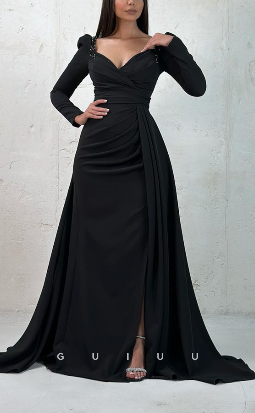 G3072 - Classic & Timeless Sweetheart Beaded Pleats Long Sleeves Formal Prom Dress