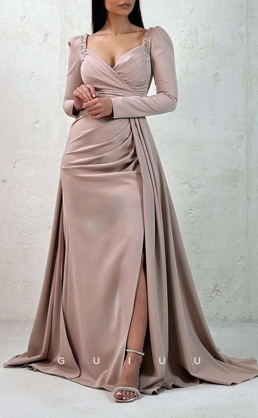 G3072 - Classic & Timeless Sweetheart Beaded Pleats Long Sleeves Formal Prom Dress