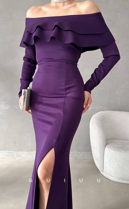 G3073 - Chic & Modern Off-Shoulder Long Sleeves Ruffles Formal Prom Dress With Slit