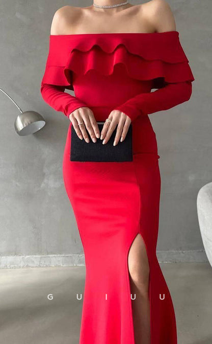 G3073 - Chic & Modern Off-Shoulder Long Sleeves Ruffles Formal Prom Dress With Slit