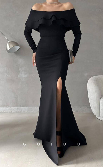 G3073 - Chic & Modern Off-Shoulder Long Sleeves Ruffles Formal Prom Dress With Slit