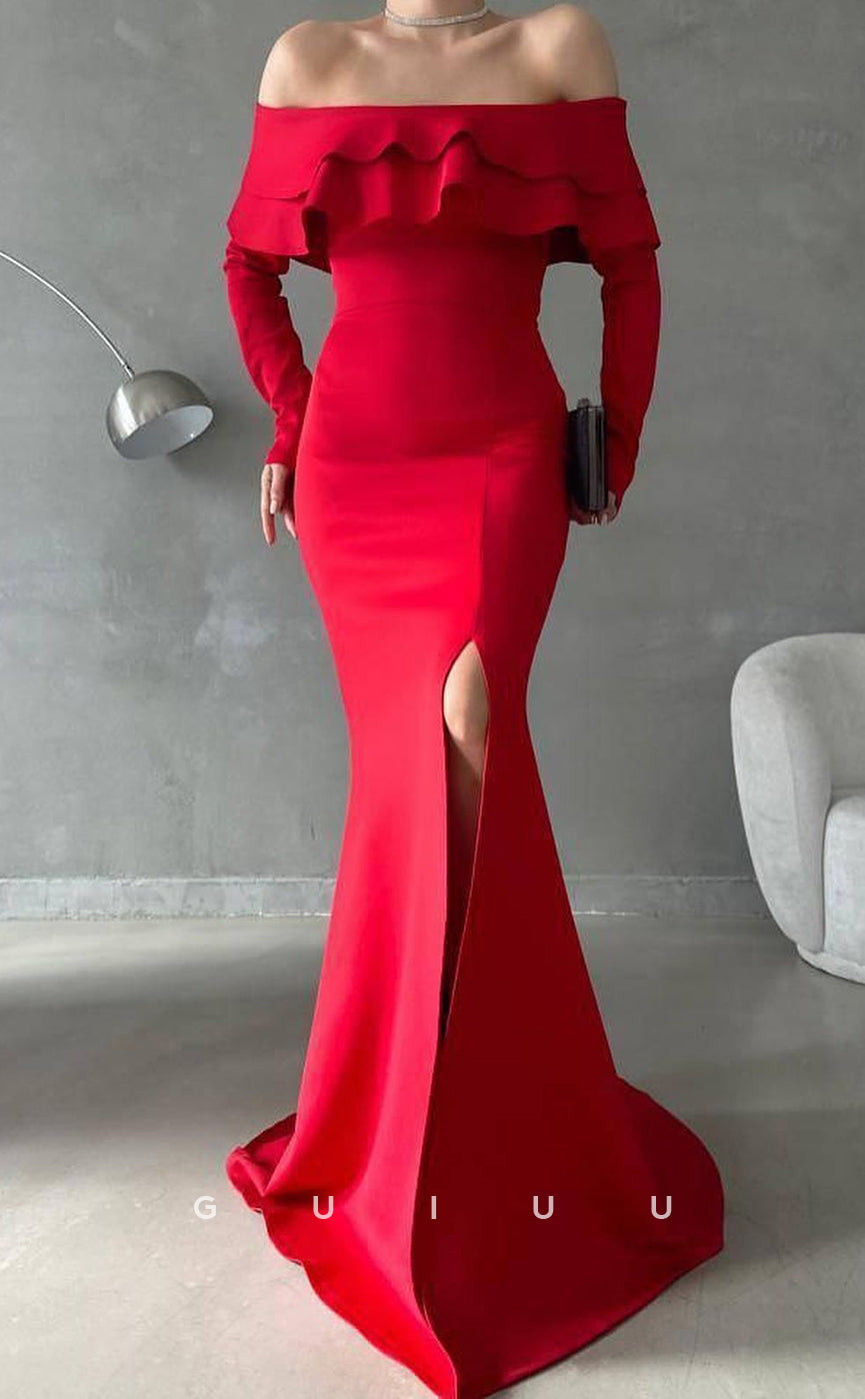 G3073 - Chic & Modern Off-Shoulder Long Sleeves Ruffles Formal Prom Dr ...