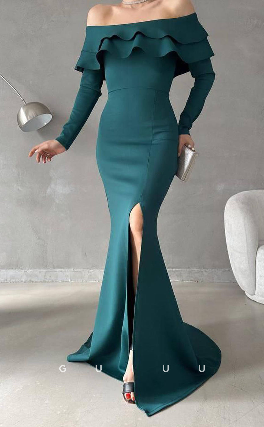 G3073 - Chic & Modern Off-Shoulder Long Sleeves Ruffles Formal Prom Dress With Slit