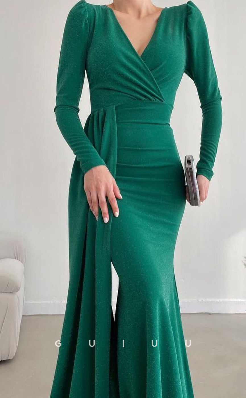 G3074 - Classic & Timeless V-Neck Long Sleeves Formal Prom Dress With Train