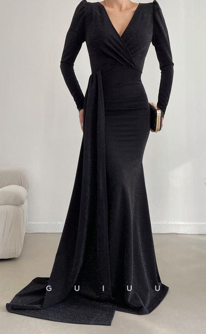 G3074 - Classic & Timeless V-Neck Long Sleeves Formal Prom Dress With Train