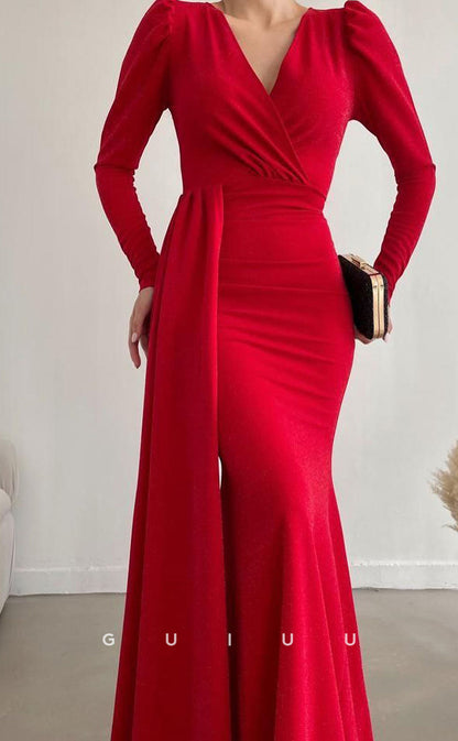 G3074 - Classic & Timeless V-Neck Long Sleeves Formal Prom Dress With Train