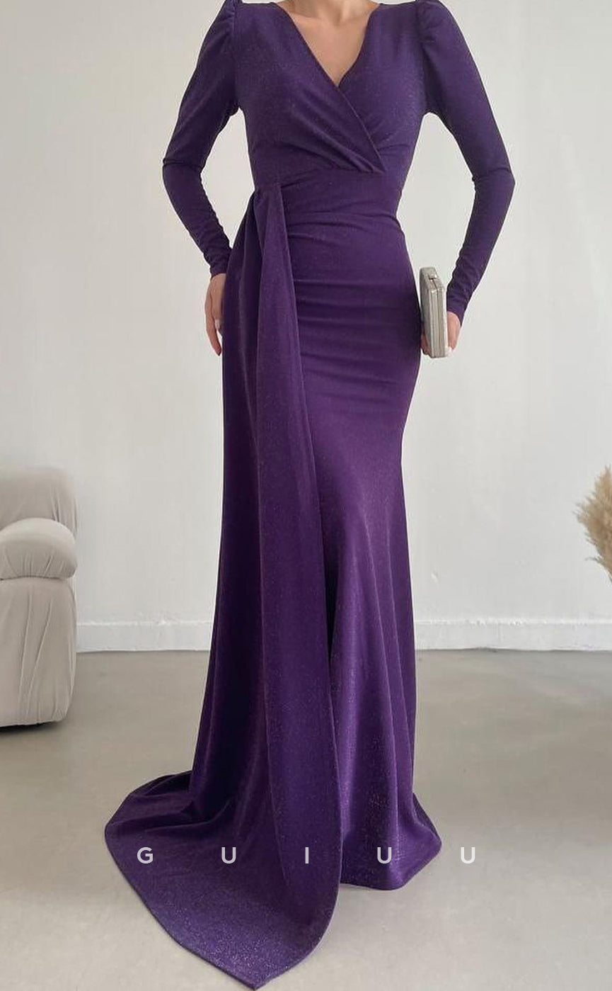 G3074 - Classic & Timeless V-Neck Long Sleeves Formal Prom Dress With Train