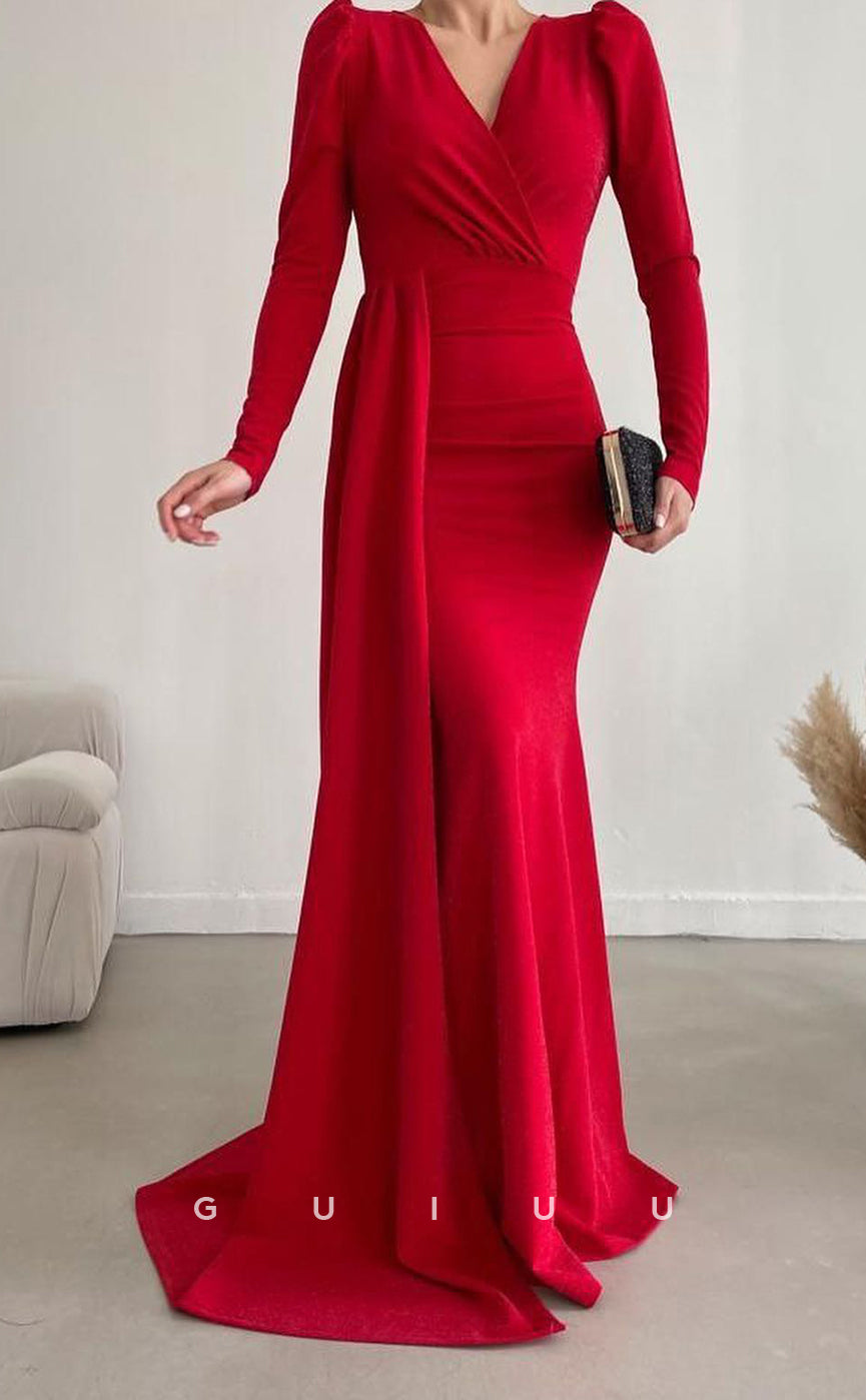 G3074 - Classic & Timeless V-Neck Long Sleeves Formal Prom Dress With Train