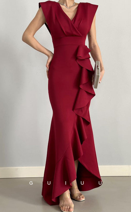 G3075 - Classic & Timeless Simple V-Neck Long Formal Prom Dress With Ruffles