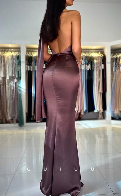 G3077 - Chic & Modern One Shoulder Halter Satin Backless Long Formal Prom Dress