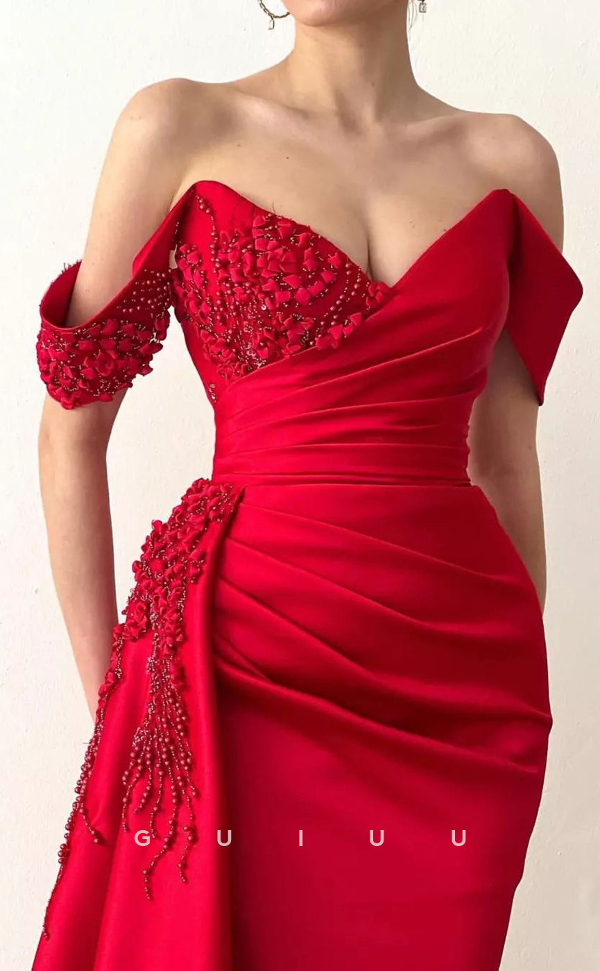 G3079 - Elegant & Luxurious Off-Shoulder Beaded Red Pleats Long Formal Prom Dress