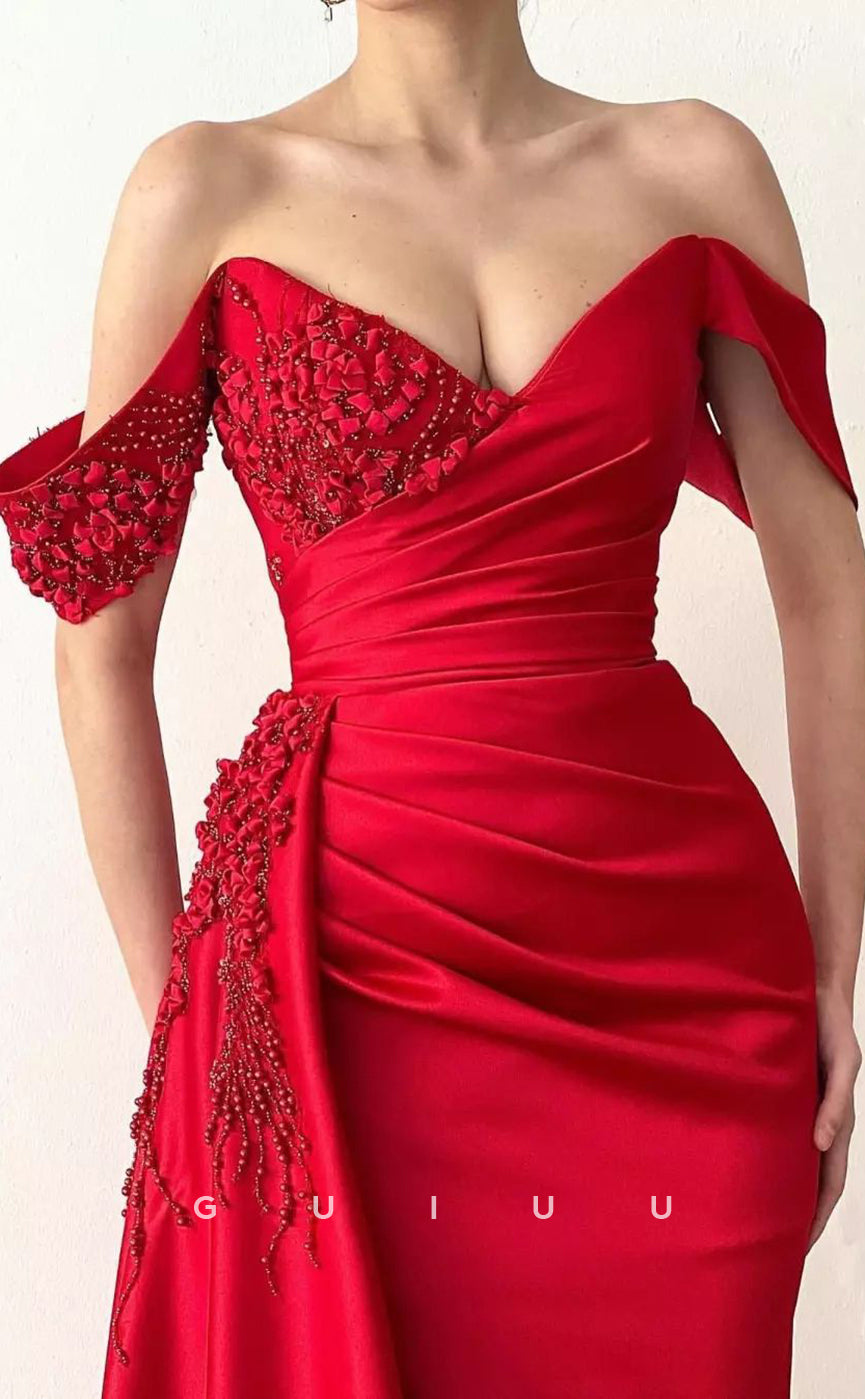 G3079 - Elegant & Luxurious Off-Shoulder Beaded Red Pleats Long Formal Prom Dress