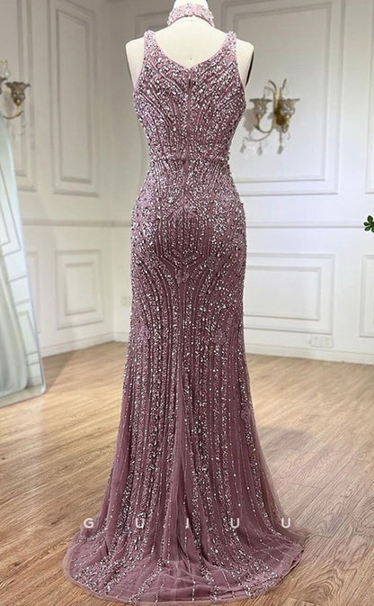 G3081 - Elegant & Luxurious Square Beaded Embroidered Illusion Formal Prom Dress With Slit