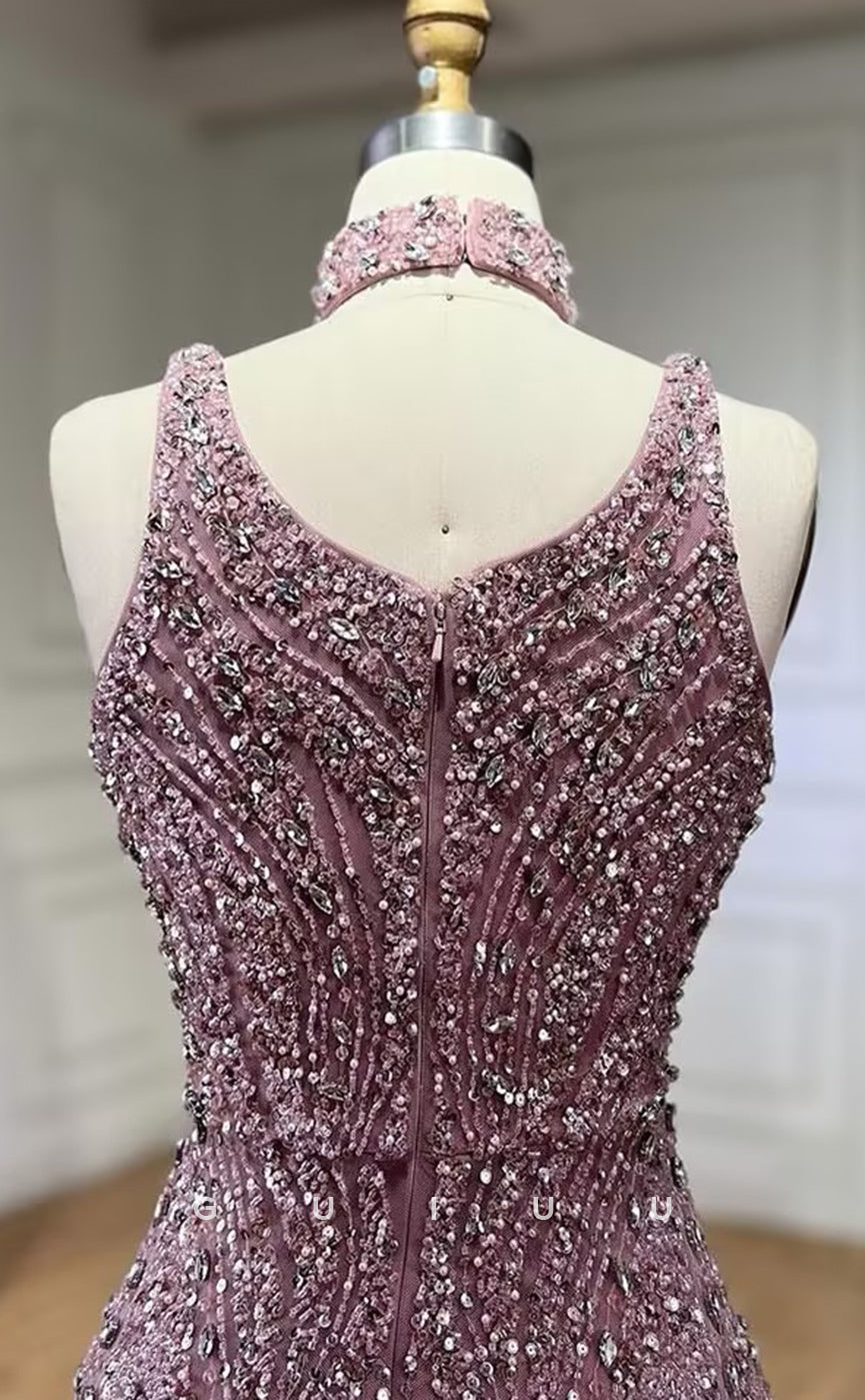 G3081 - Elegant & Luxurious Square Beaded Embroidered Illusion Formal Prom Dress With Slit