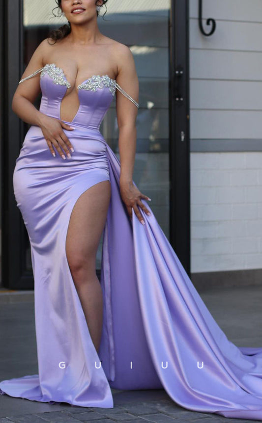 G3087 - Off-Shoulder Beaded Lilac Long Formal Prom Dress WIth Slit