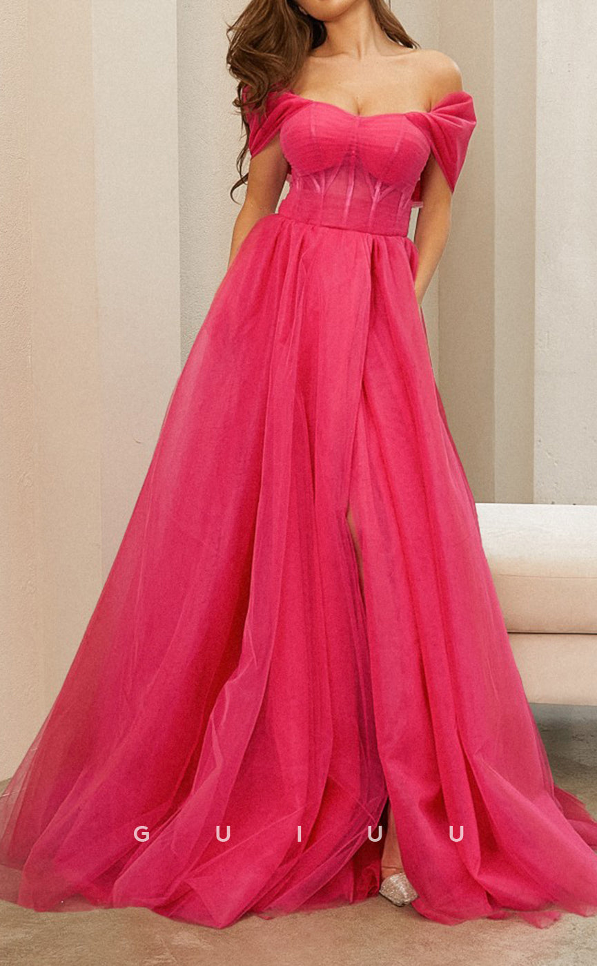 G3090 - A-Line Elegant Off-Shoulder Tulle Hot Pink Long Formal Prom Dress