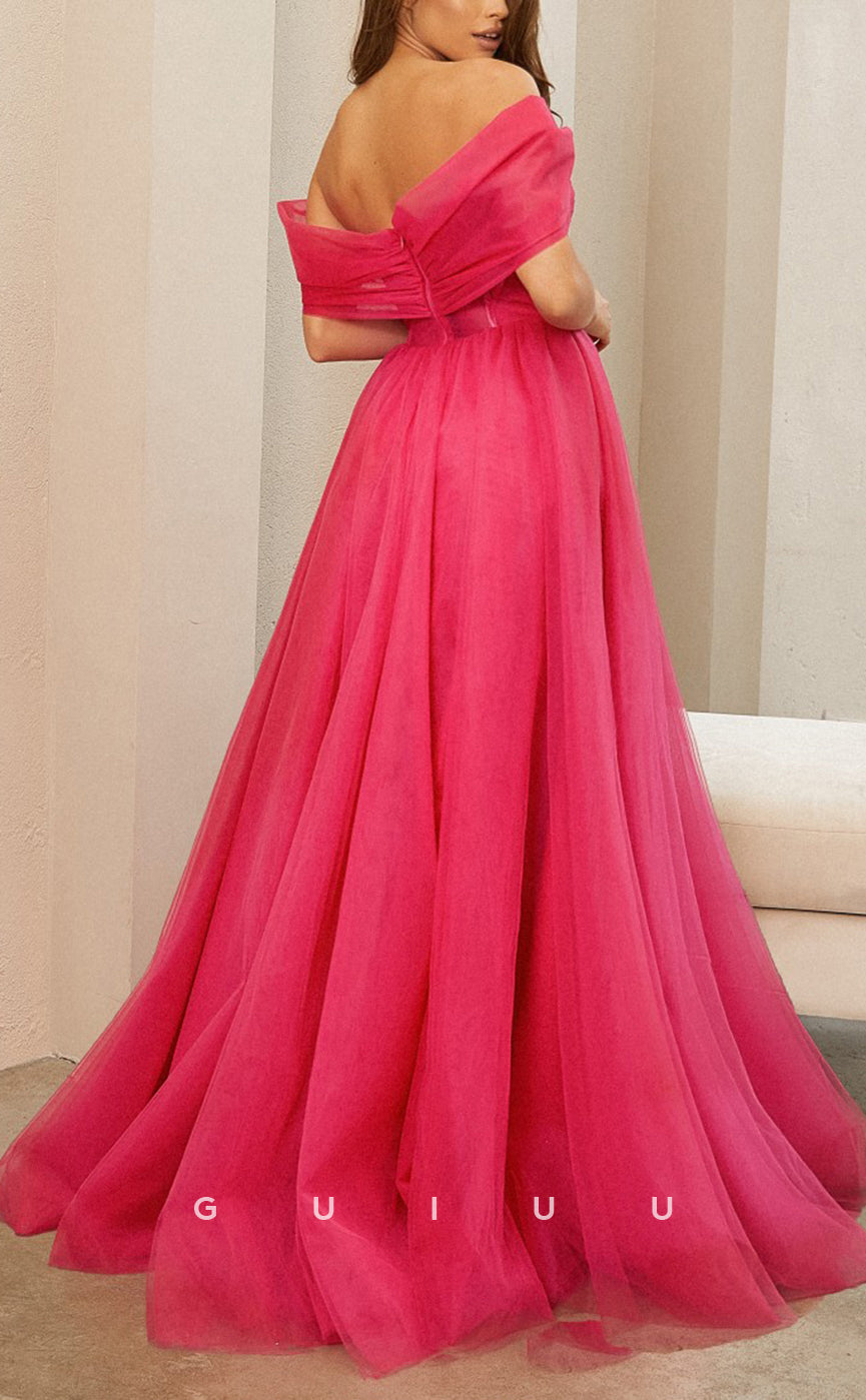 G3090 - A-Line Elegant Off-Shoulder Tulle Hot Pink Long Formal Prom Dress