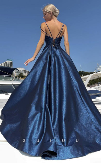 G3091 - A-Line V-Neck Straps Glittter Royal Blue Long Formal Prom Dress