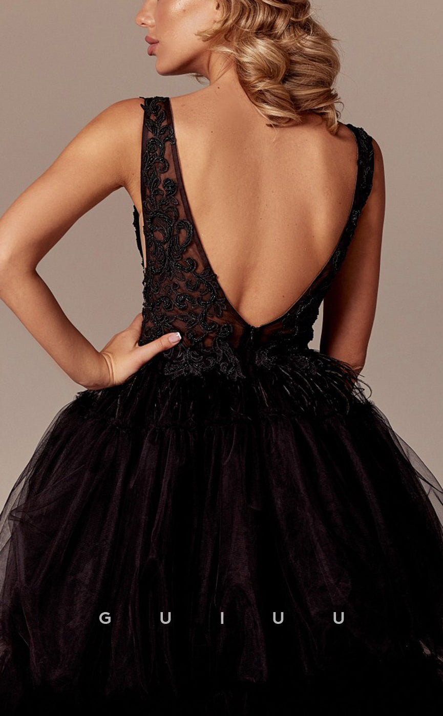 G3092 - A-Line V-Neck Applique Feather Tulle Ball Gown Black Long Formal Prom Dress