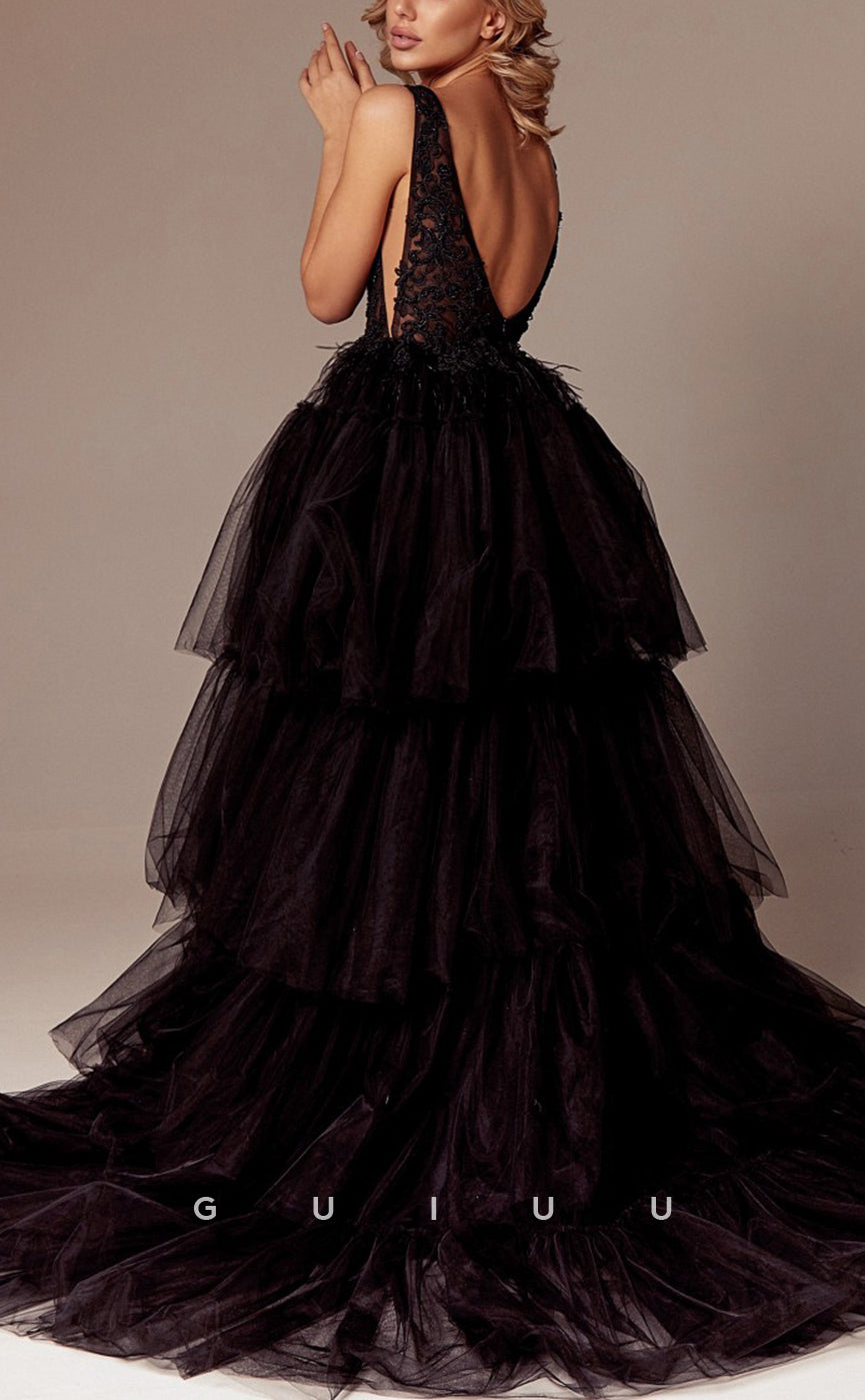 G3092 - A-Line V-Neck Applique Feather Tulle Ball Gown Black Long Formal Prom Dress