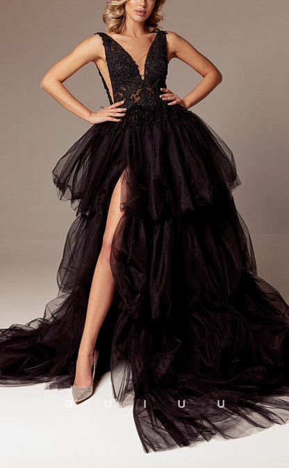G3092 - A-Line V-Neck Applique Feather Tulle Ball Gown Black Long Form ...