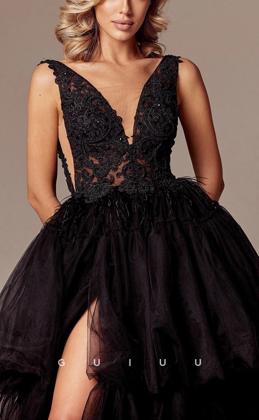 G3092 - A-Line V-Neck Applique Feather Tulle Ball Gown Black Long Formal Prom Dress