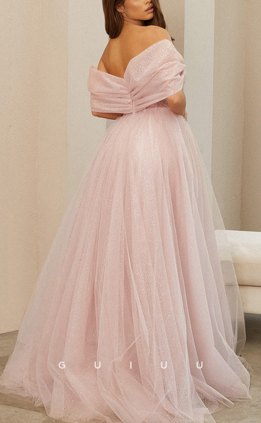 G3093 - A-Line Elegant Off-Shoulder Tulle Glitter Hot Pink Long Formal Prom Dress