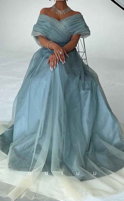 G3096 - Elegant & Chic A-Line Off-Shoulder Blue Ombre Tulle Long Formal Prom Dress