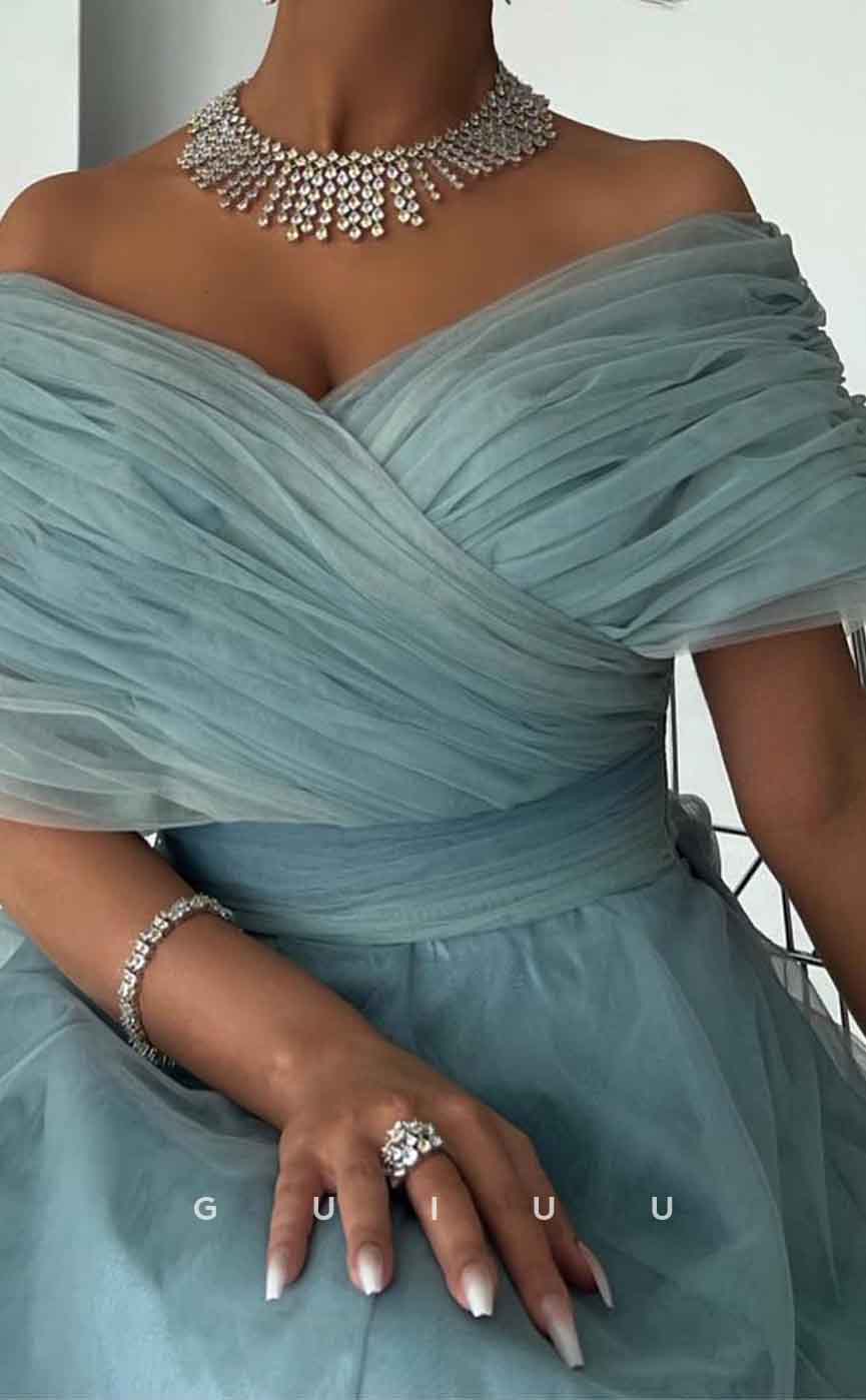 G3096 - Elegant & Chic A-Line Off-Shoulder Blue Ombre Tulle Long Formal Prom Dress