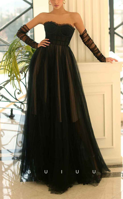 G3097 - Chic & Modern Strapless Sheer Tulle Long Formal Prom Dress With Gloves