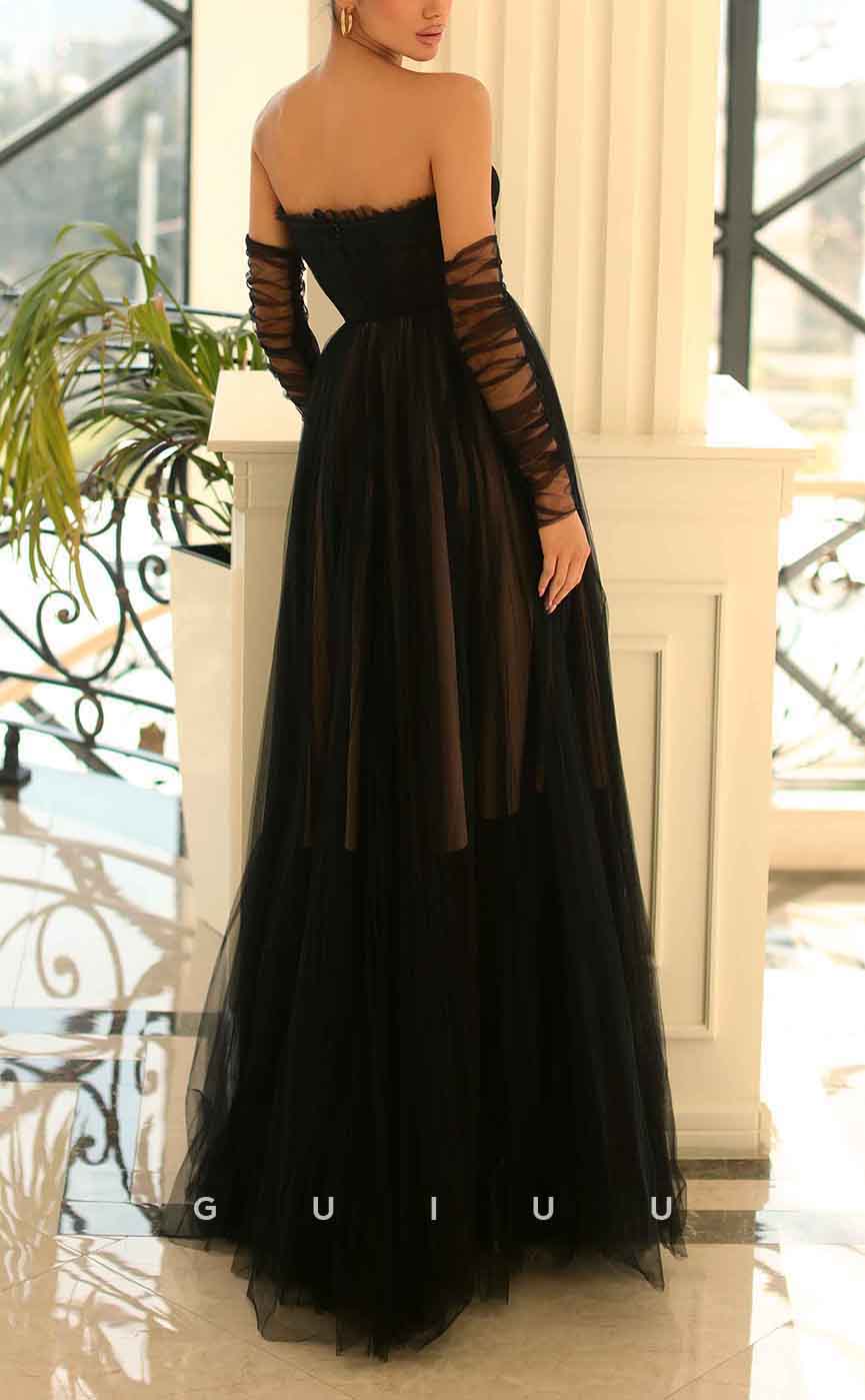 G3097 - Chic & Modern Strapless Sheer Tulle Long Formal Prom Dress With Gloves