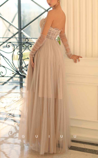 G3097 - Chic & Modern Strapless Sheer Tulle Long Formal Prom Dress With Gloves